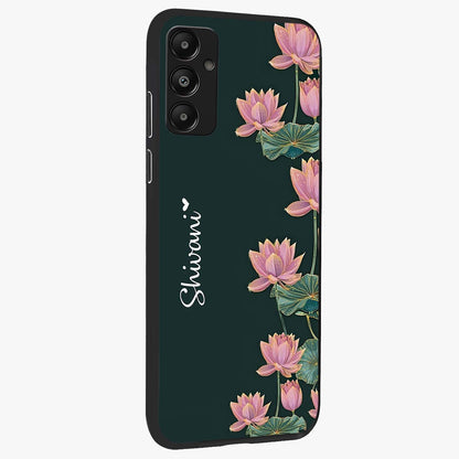 Lotus Bloom Serenity Custom Name Glass Case upright view showcasing serene lotus bloom artwork with personalized floral aesthetic.
