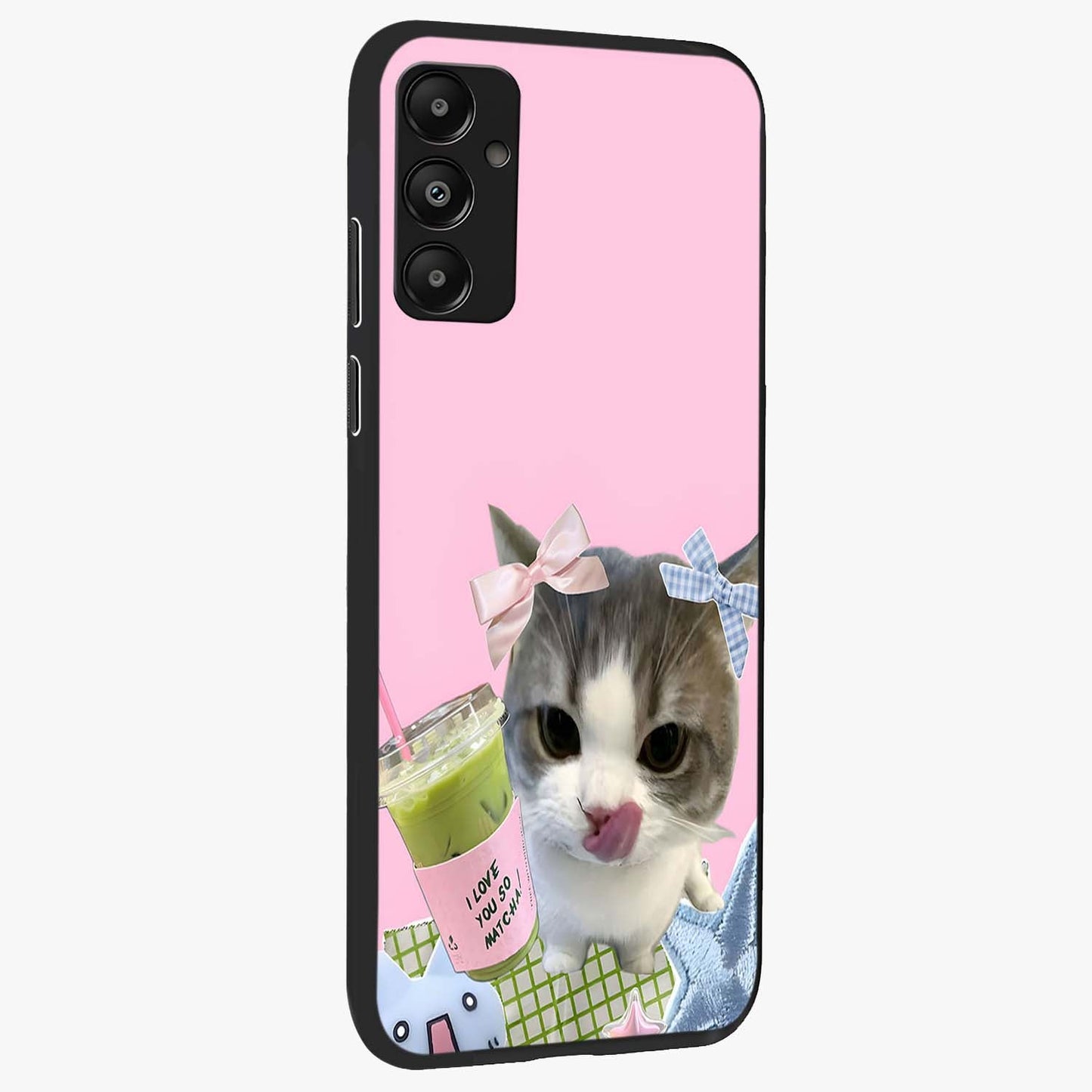 Love Matcha Cat Glass Case upright view showcasing adorable cat artwork with charming matcha themed design.