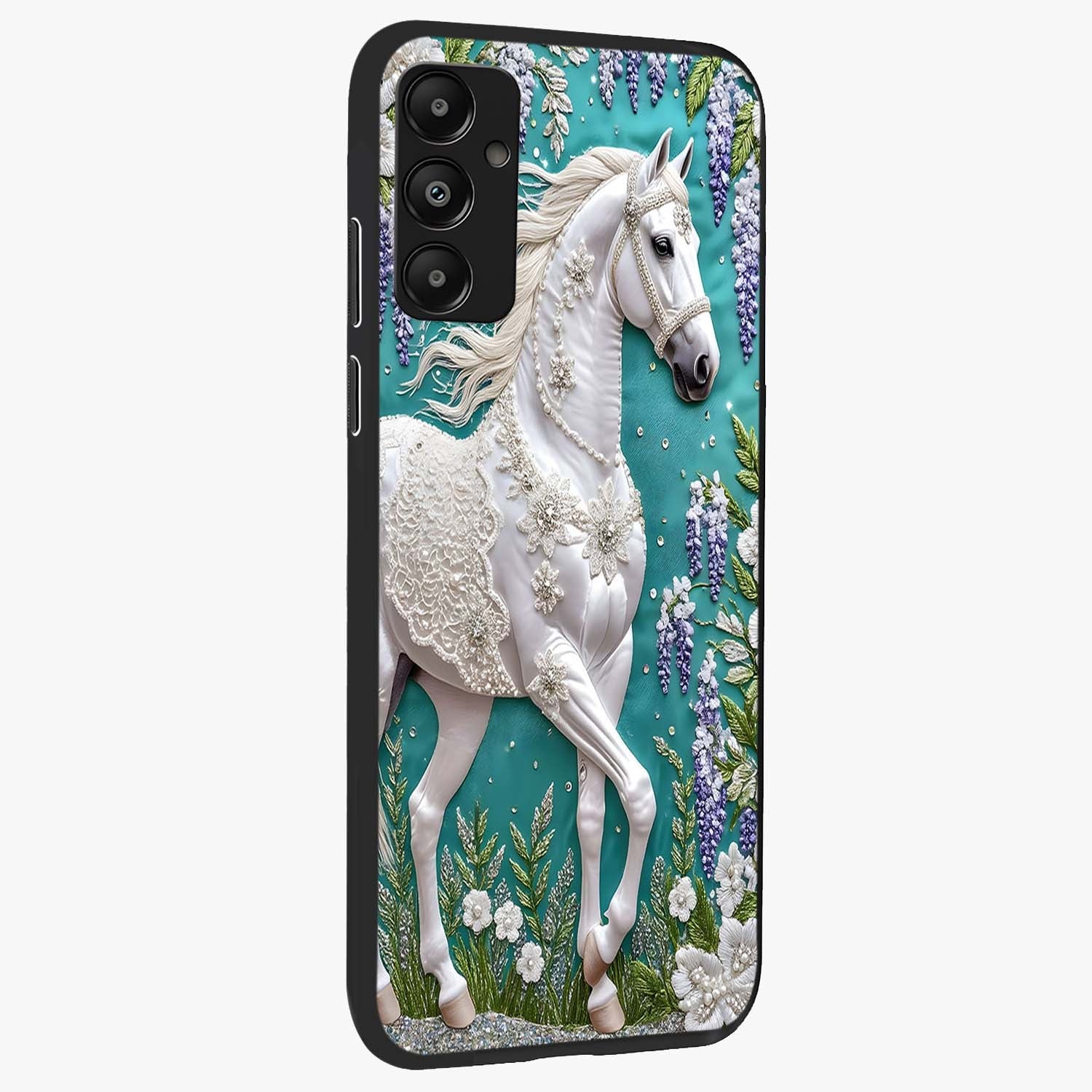 Majestic Floral Stallion Glass Case upright view showcasing dramatic horse artwork with decorative floral theme.