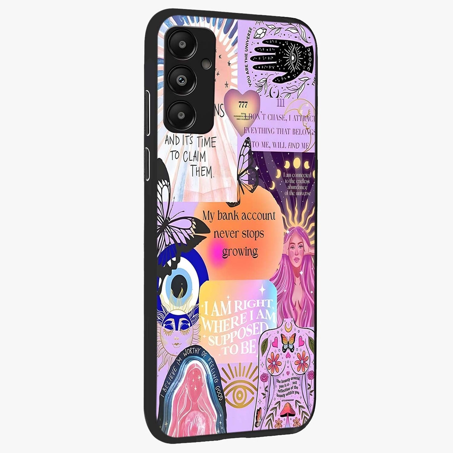 Manifestation Collage Glass Case upright view showcasing artistic manifestation themed artwork with creative style.