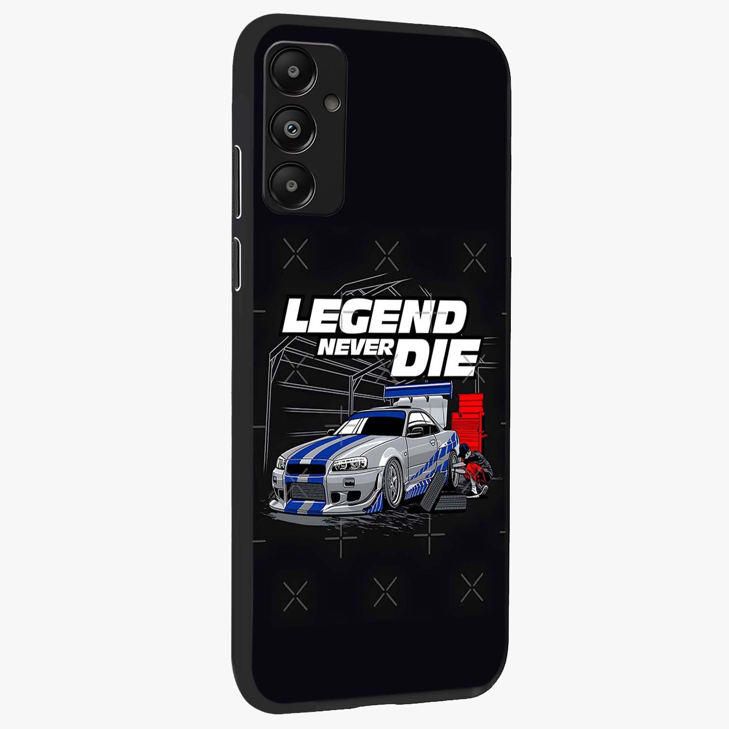 Midnight Racing Legacy Glass Case upright view showcasing powerful racing artwork with modern sports theme.