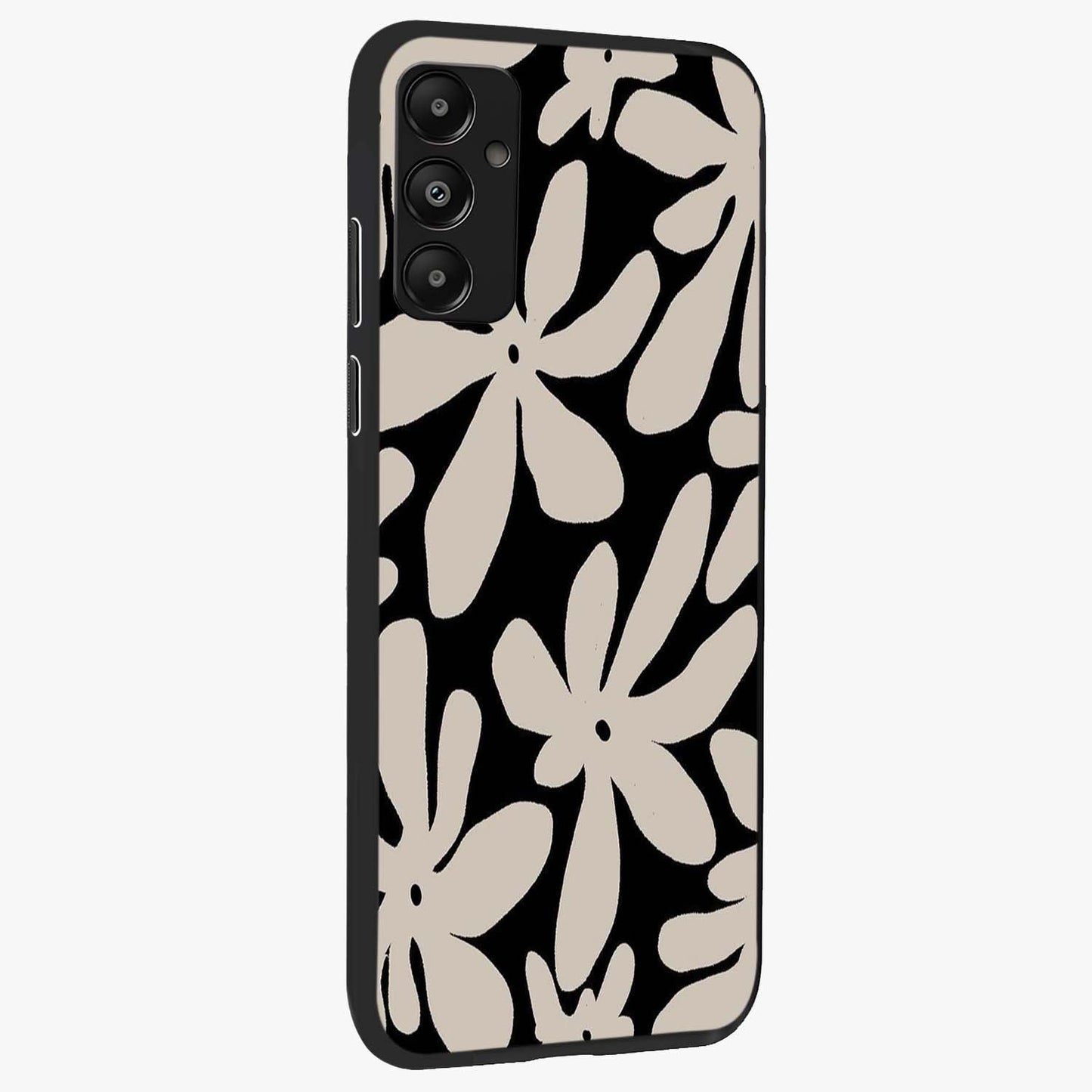 Monochrome Petal Dance Glass Case upright view showcasing artistic floral pattern with stylish monochrome theme.