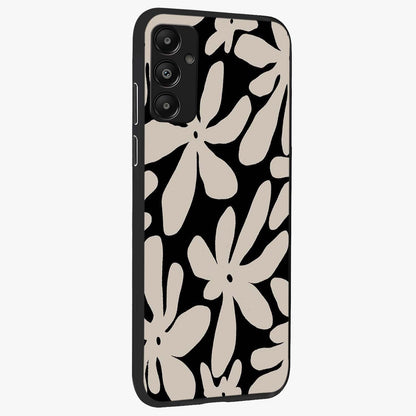 Monochrome Petal Dance Glass Case upright view showcasing artistic floral pattern with stylish monochrome theme.