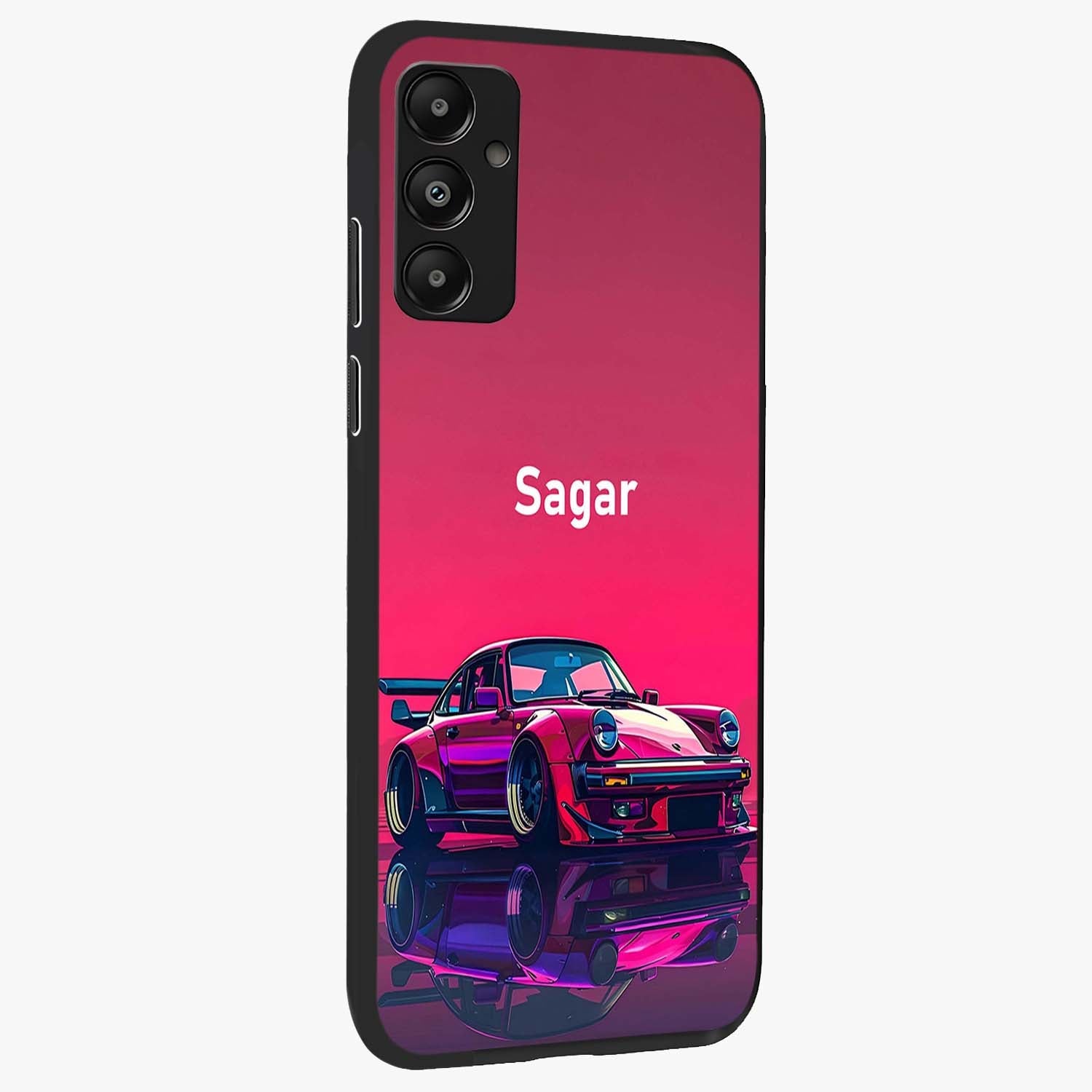 Neon Pink Porsche Glass Case upright view showcasing vibrant sports car artwork with bold automotive theme.