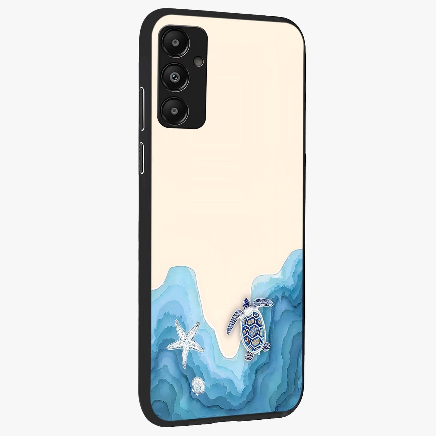 Ocean Drift Turtle Glass Case upright view showcasing calm underwater turtle artwork with nature inspired theme.