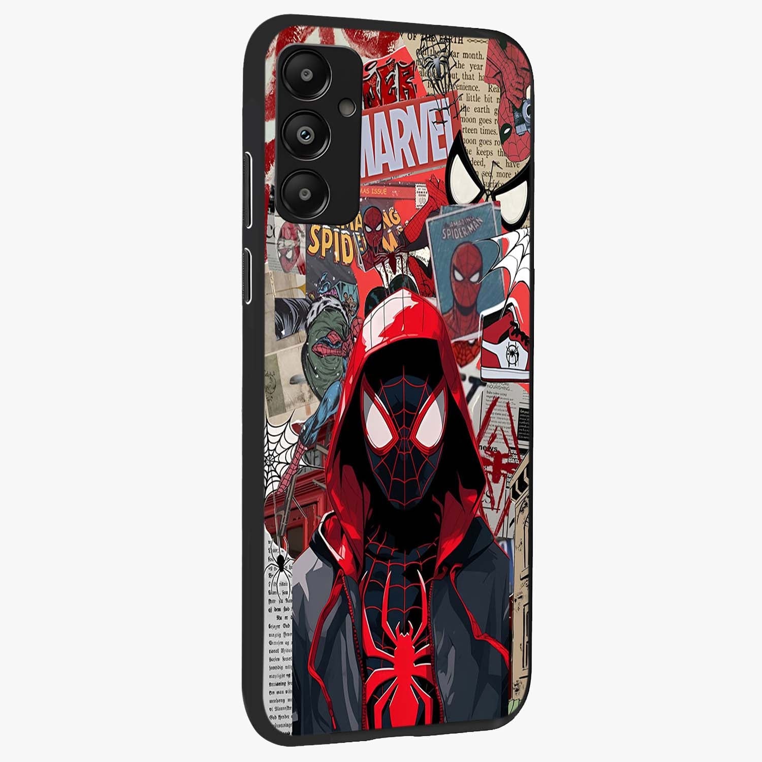 Spider Collage Street Glass Case upright view showcasing bold superhero artwork with urban street theme.