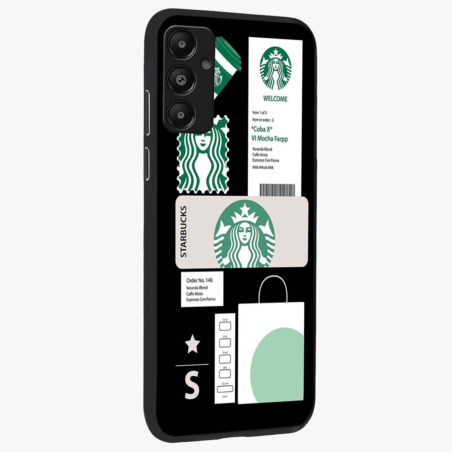 Starbucks Mocha Glass Case upright view showcasing trendy coffee inspired artwork with modern lifestyle theme.