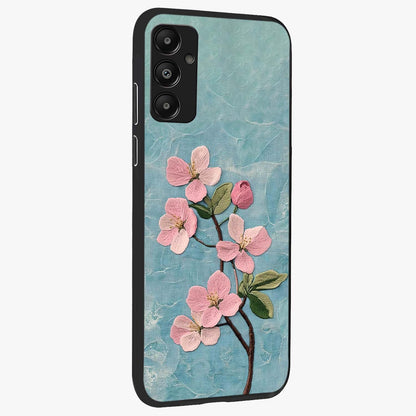 Threaded Blossom Breeze Glass Case upright view showcasing graceful flower artwork with calm botanical theme.