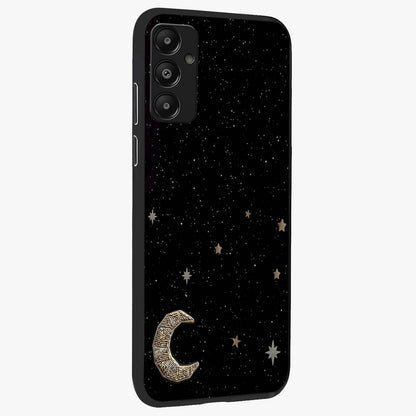 Twinkle Star With Half Moon Glass Case upright view showcasing glowing cosmic artwork with dreamy night theme.