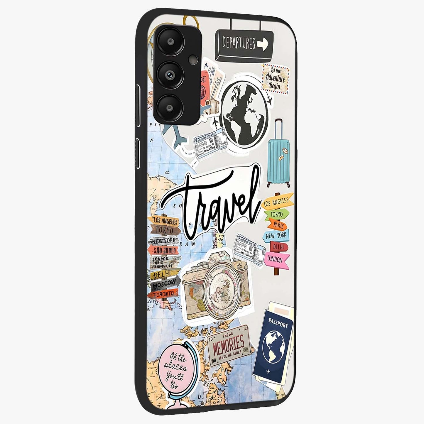 Wanderlust Journal Glass Case upright view showcasing wanderlust inspired artwork with creative exploration theme.