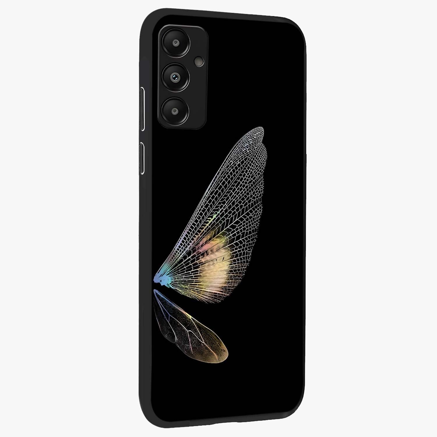 Whispers Of Wings Glass Case upright view showcasing elegant wing artwork with light airy theme.