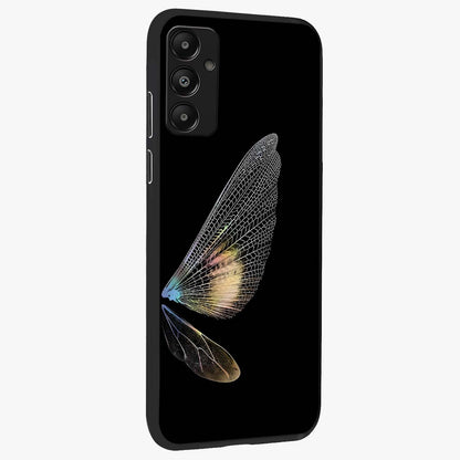 Whispers Of Wings Glass Case upright view showcasing elegant wing artwork with light airy theme.