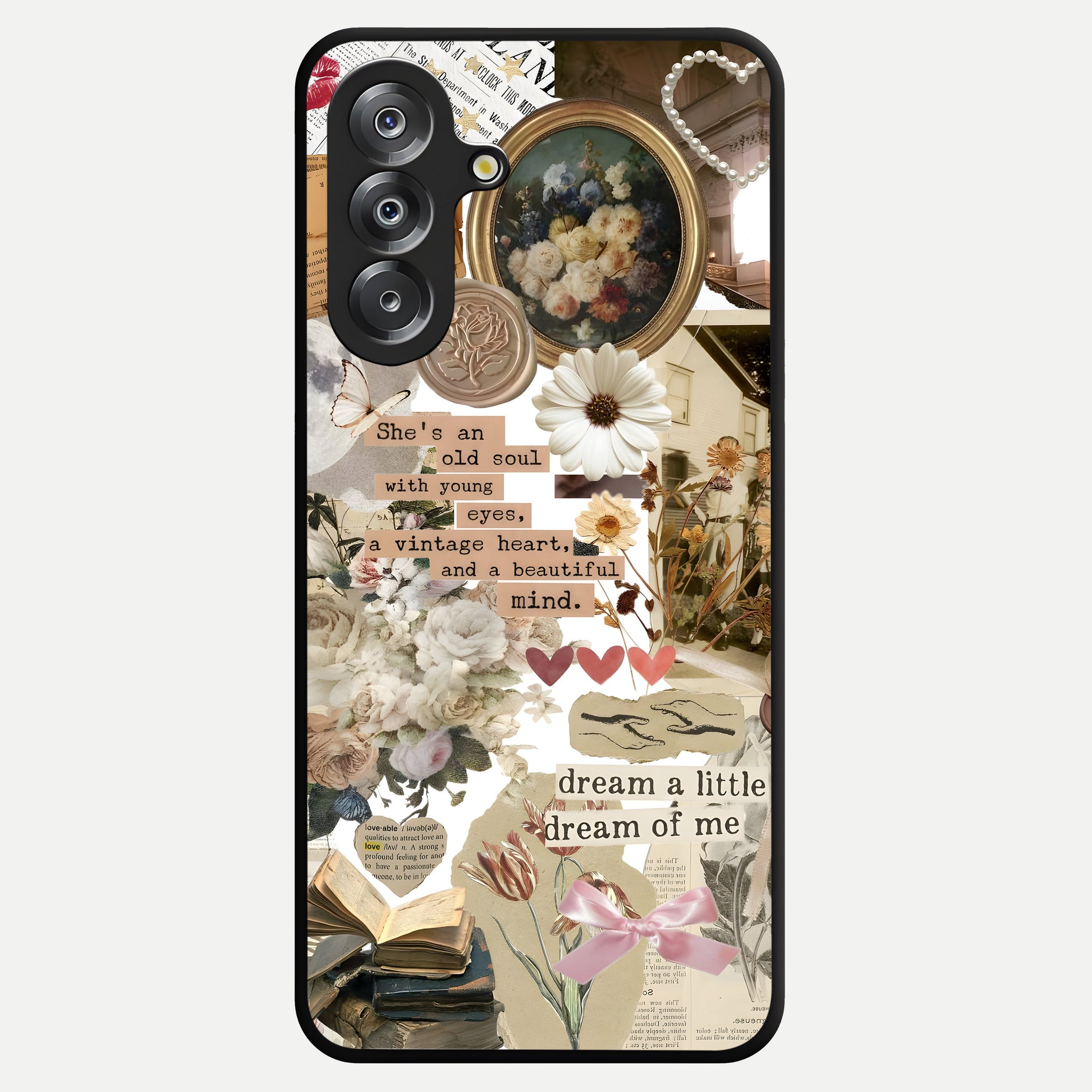 Aesthetic Brown Vintage Collage Glass Case showing flat back view with retro collage artwork and glossy glass finish.