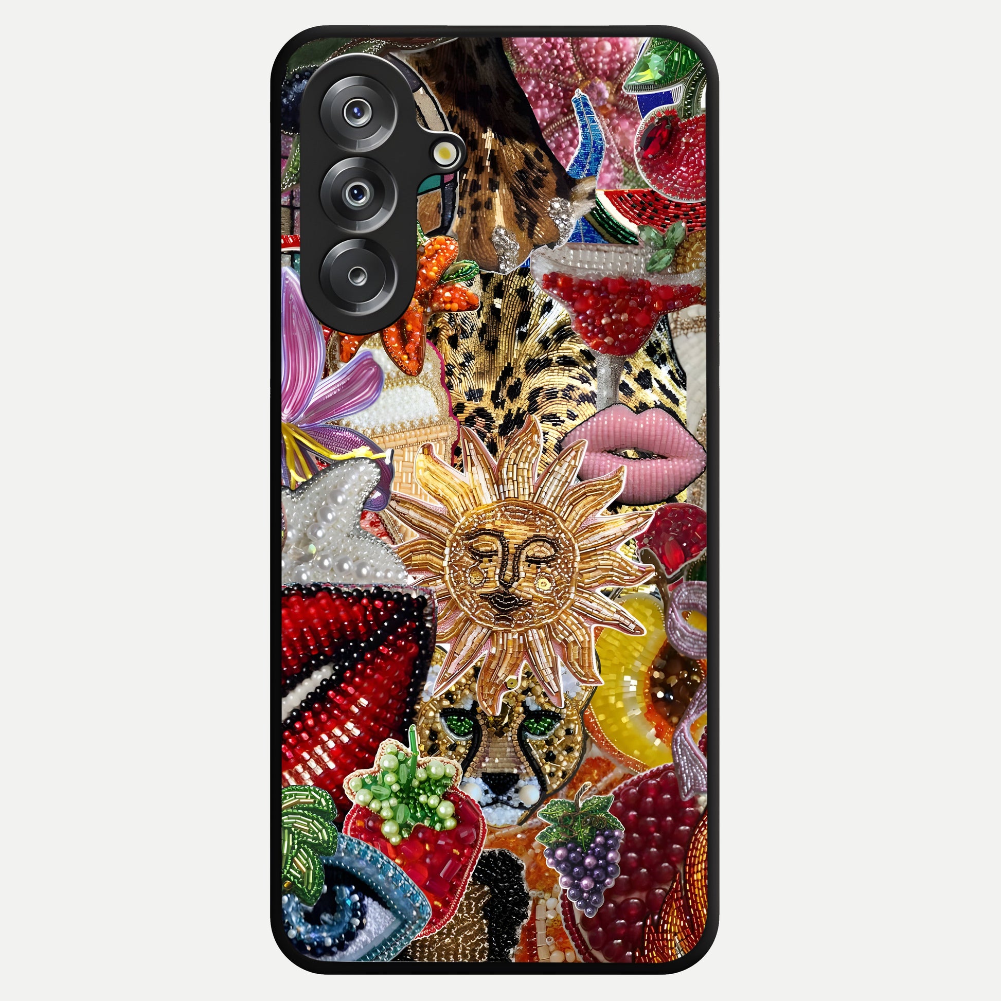 Beaded Fashion Jungle Glass Case showing flat back view with vibrant jungle inspired bead artwork and glossy glass finish.