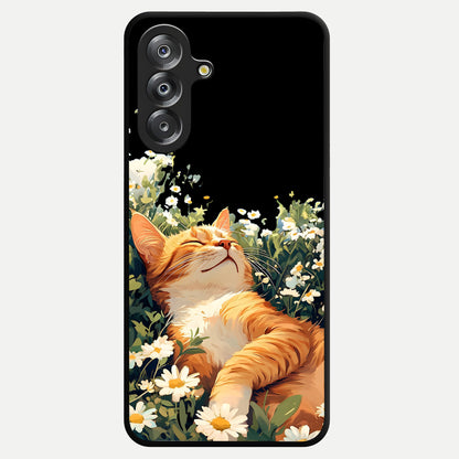 Blissful Bloom Cat Glass Case showing flat back view with cute cat and floral bloom artwork and glossy glass finish.