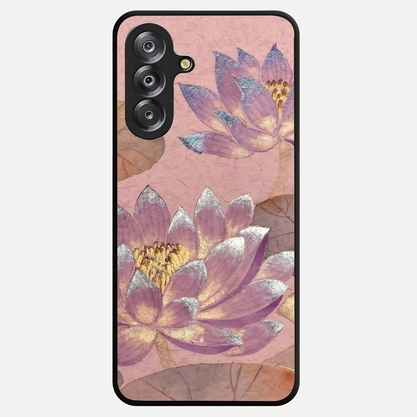 Blossom Mist Lotus Glass Case showing flat back view with serene lotus blossom artwork and glossy glass finish.