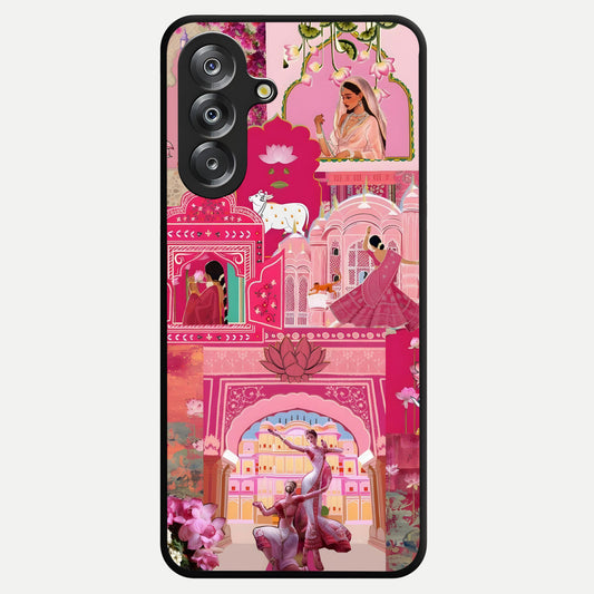 Blossoms of Rajasthan Glass Case showing flat back view with traditional floral artwork inspired by Rajasthan and glossy glass finish.