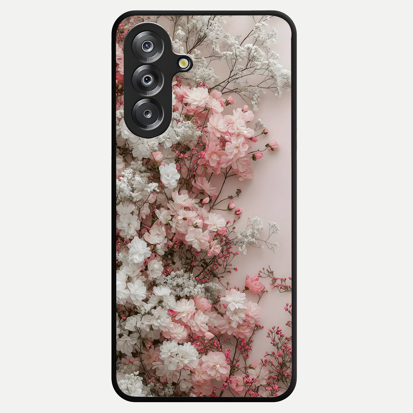 Blush Blossom Cloud Glass Case showing flat back view with dreamy blush cloud blossom artwork and glossy glass finish.