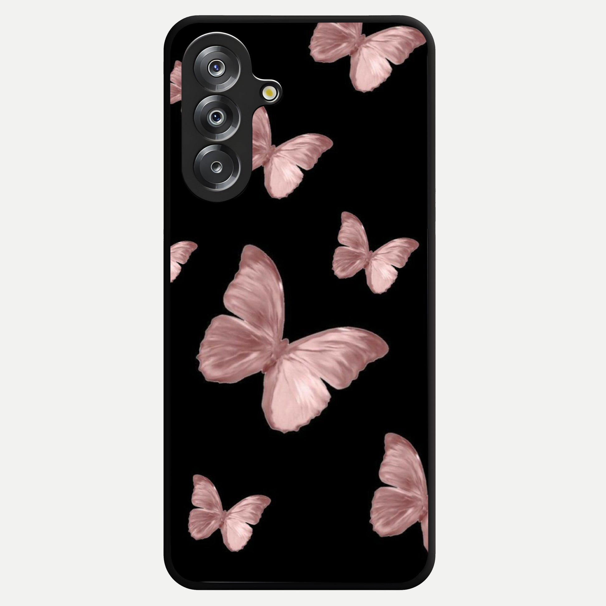 Butterfly Pattern Glass Case showing flat back view with elegant butterfly pattern artwork and glossy glass finish.