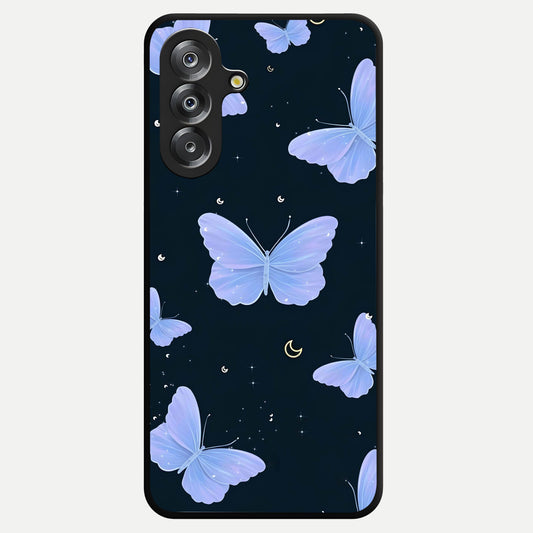 Butterfly With Stars Pattern Glass Case showing flat back view with butterfly and star pattern artwork and glossy glass finish.