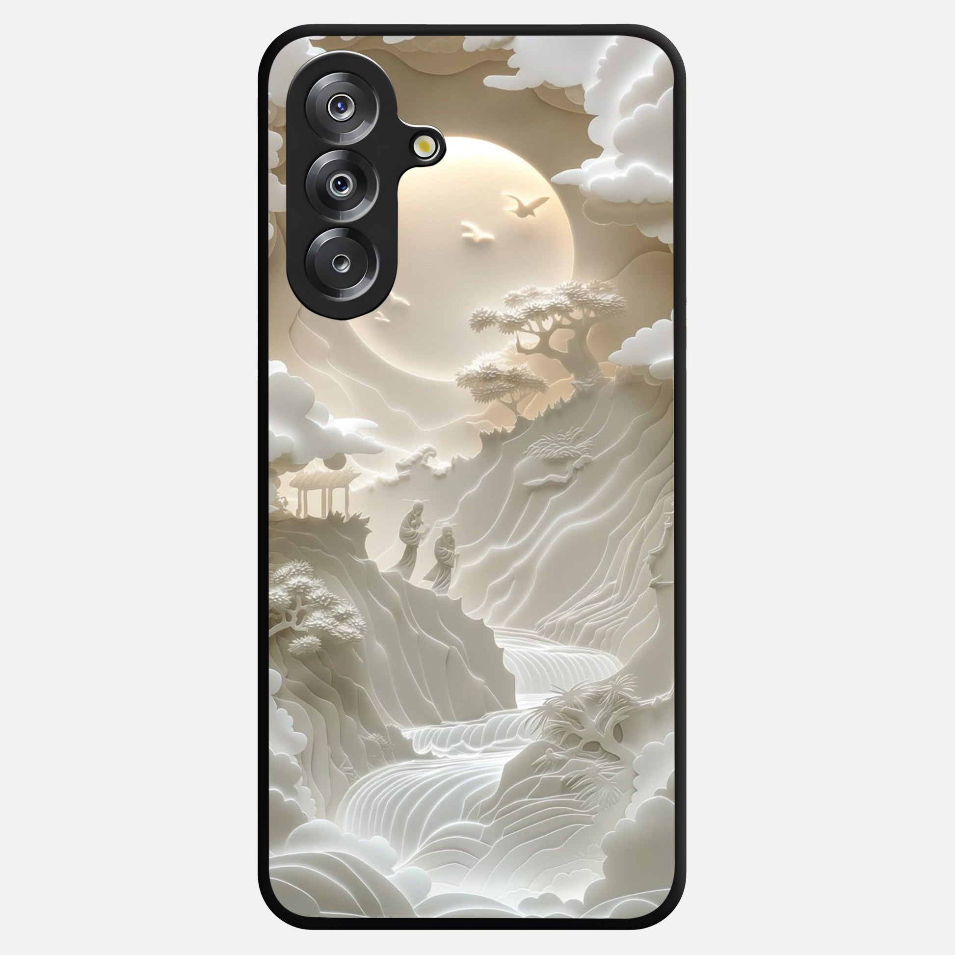 Celestial Origami Glass Case showing flat back view with artistic origami inspired celestial artwork and glossy glass finish.