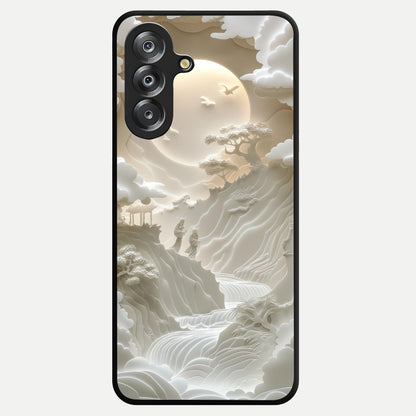Celestial Origami Glass Case showing flat back view with artistic origami inspired celestial artwork and glossy glass finish.