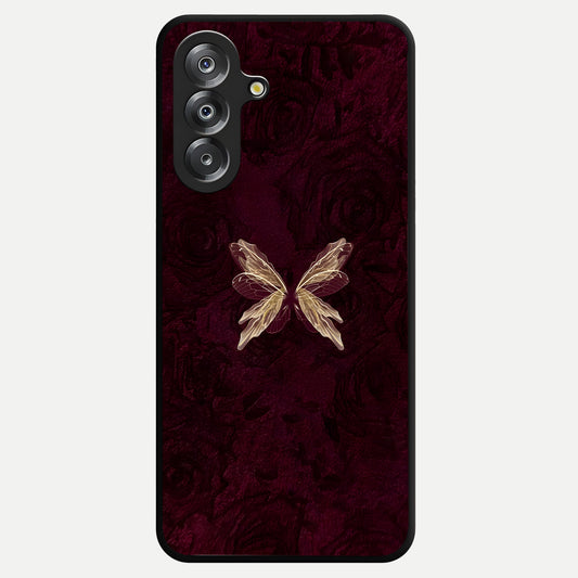 Crimson Fade Butterfly Glass Case showing flat back view with fading butterfly artwork and glossy glass finish.