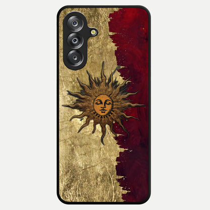 Crimson Sun Majesty Glass Case showing flat back view with radiant sun inspired artwork and glossy glass finish.