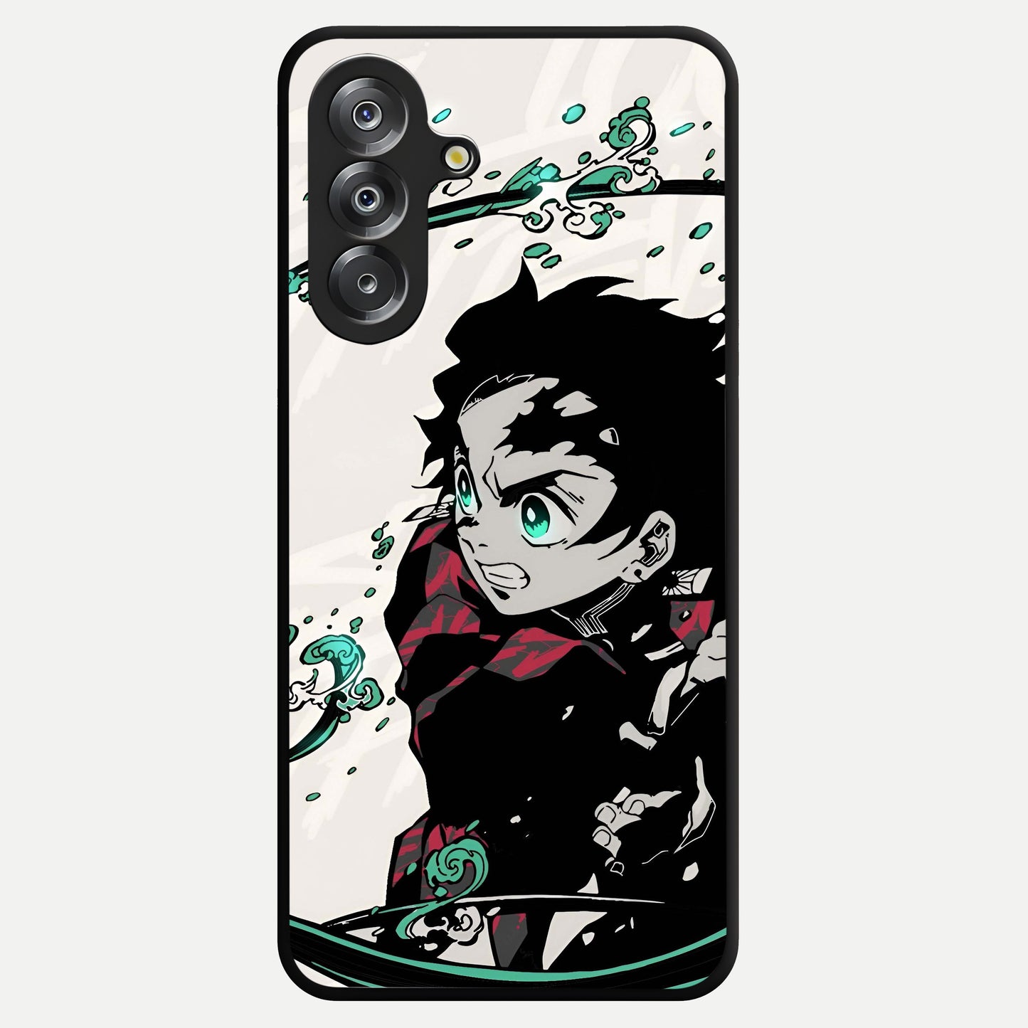 Demon Slayer Glass Case showing flat back view with bold anime inspired artwork and glossy glass finish.