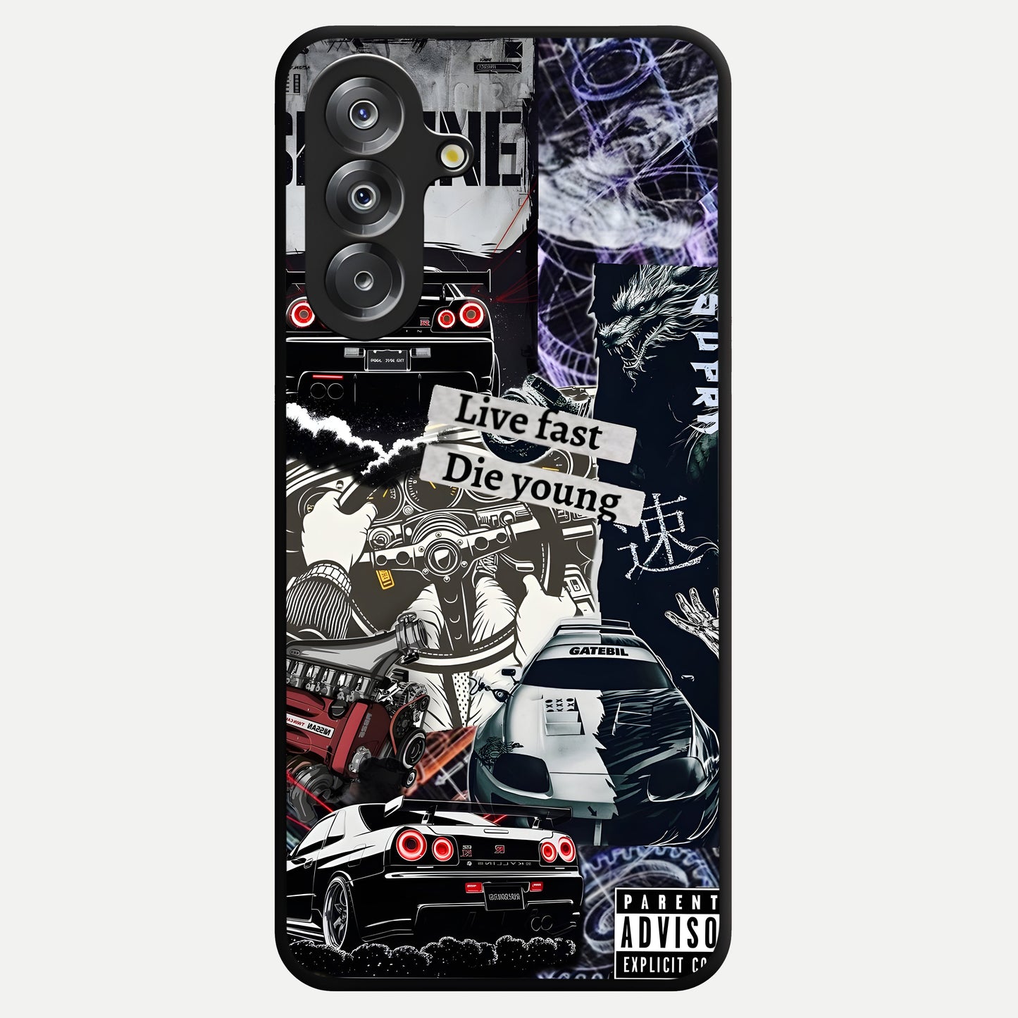 Die Young Glass Case showing flat back view with bold artistic typography design and glossy glass finish.
