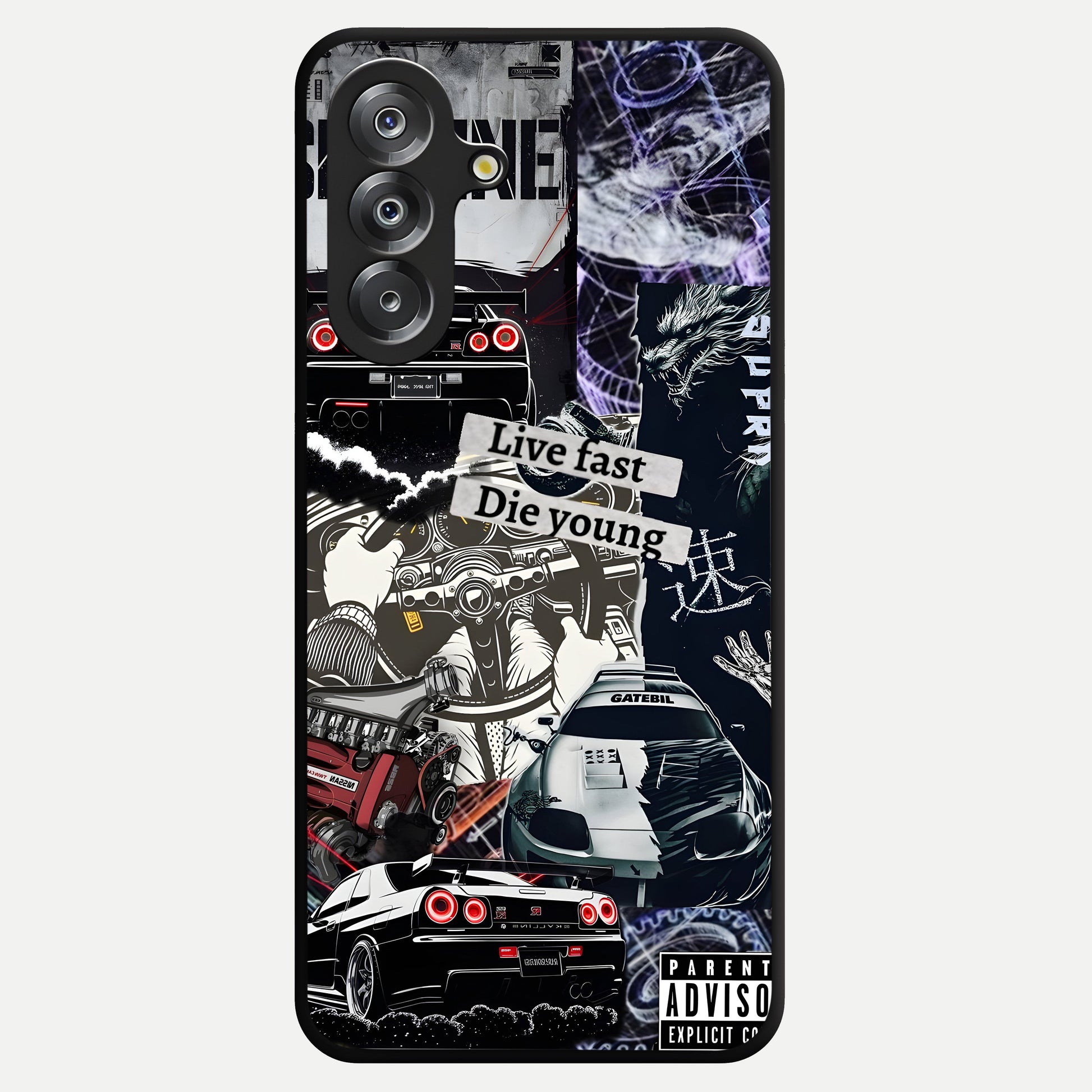 Die Young Glass Case showing flat back view with bold artistic typography design and glossy glass finish.