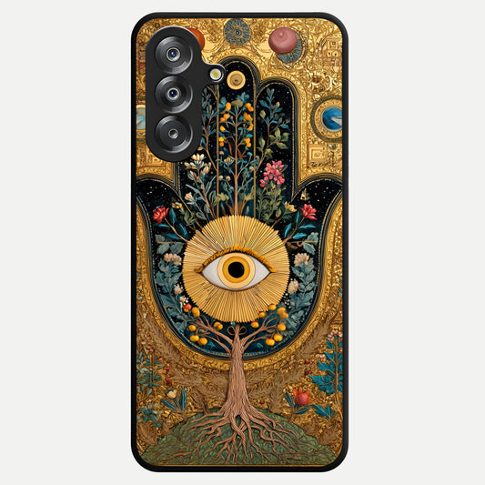 Ethereal Evil Eye Glass Case showing flat back view with mystical evil eye artwork and glossy glass finish.