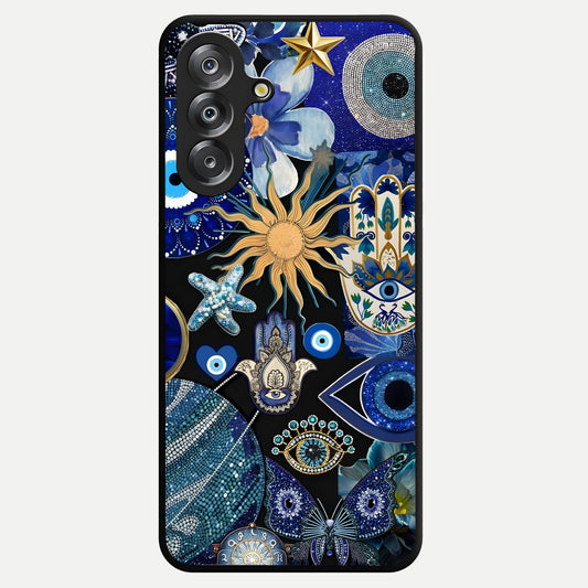 Evil Eye Charm Mix Glass Case showing flat back view with multiple evil eye charms artwork and glossy glass finish.