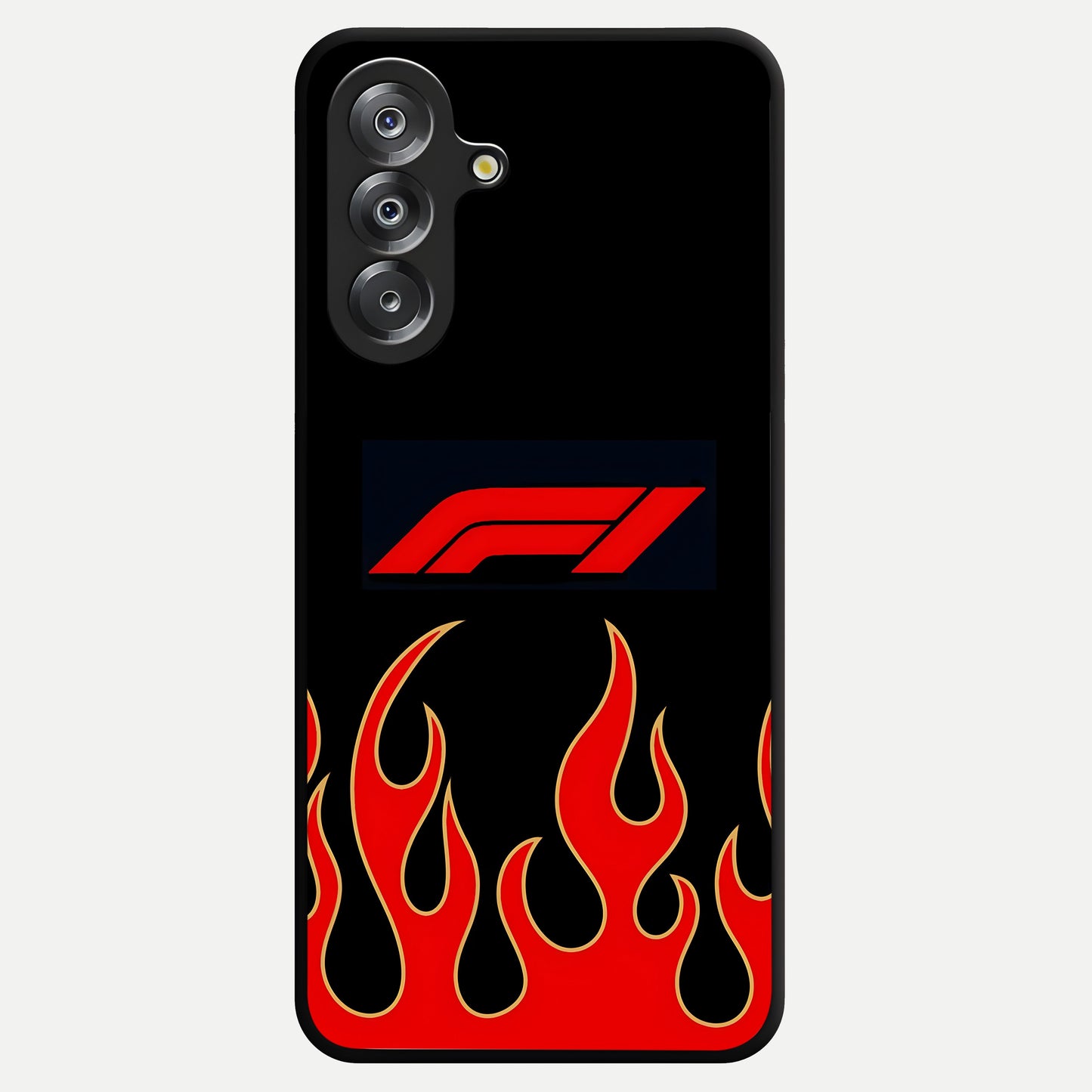 Fire F11 Glass Case showing flat back view with fiery themed artwork and glossy glass finish.