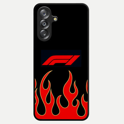 Fire F11 Glass Case showing flat back view with fiery themed artwork and glossy glass finish.