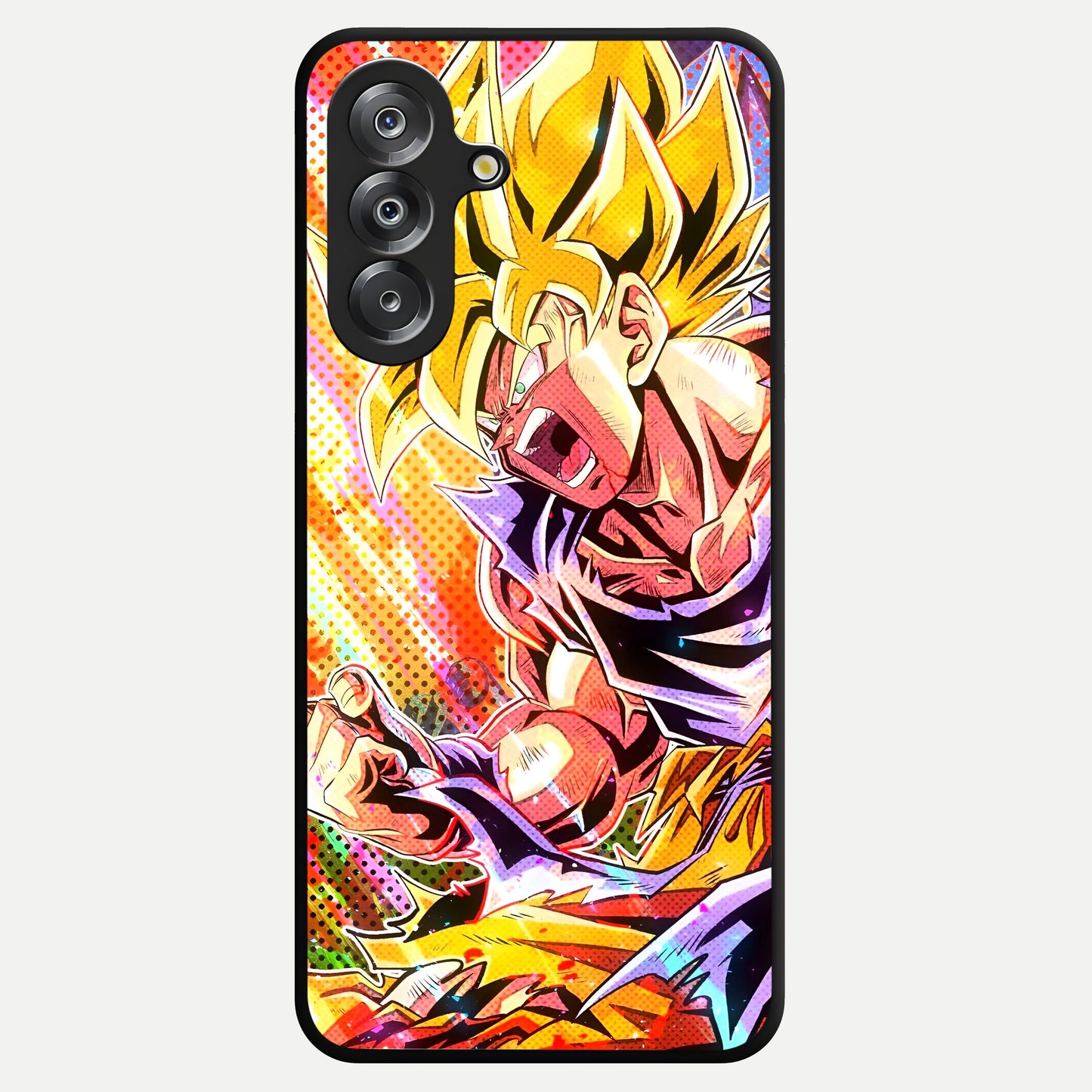 Firing Goku Glass Case showing flat back view with powerful anime inspired artwork and glossy glass finish.