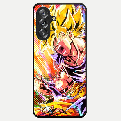 Firing Goku Glass Case showing flat back view with powerful anime inspired artwork and glossy glass finish.