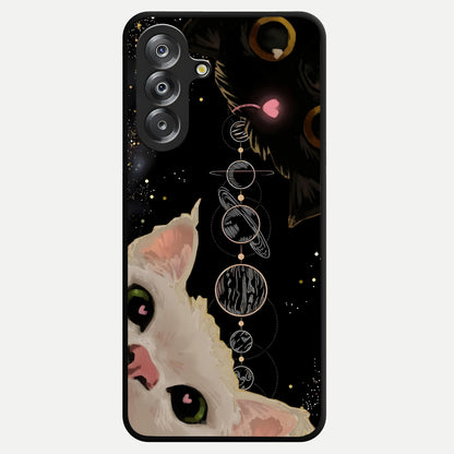 Galactic Cat Glass Case showing flat back view with cosmic cat artwork and glossy glass finish.