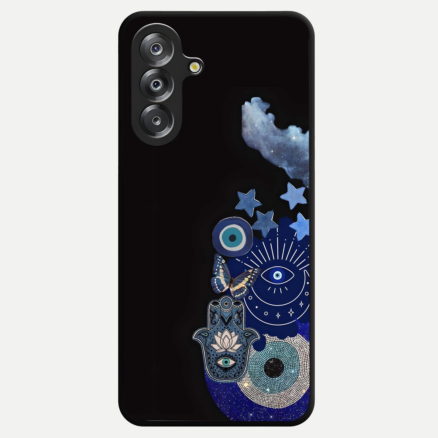 Galactic Charm Cluster Glass Case showing flat back view with glowing celestial charm artwork and glossy glass finish.