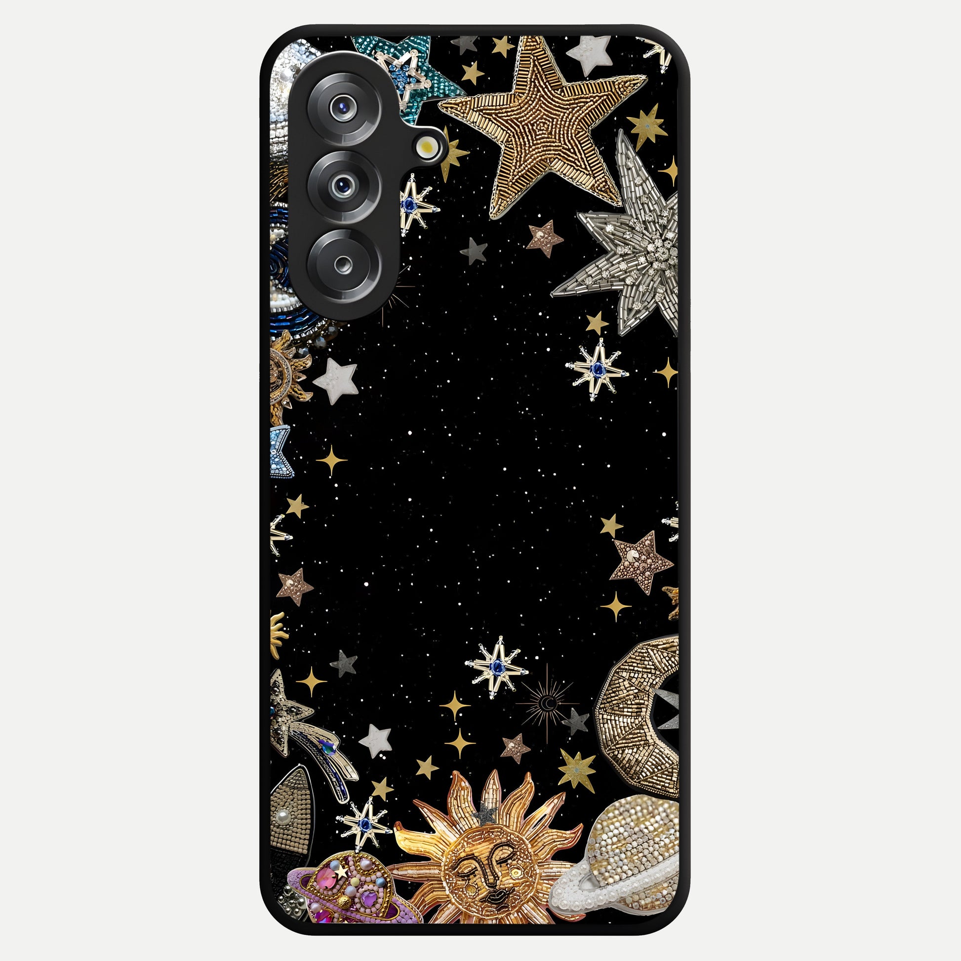 Galactic Jewel Stars Glass Case showing flat back view with sparkling star jewel artwork and glossy glass finish.