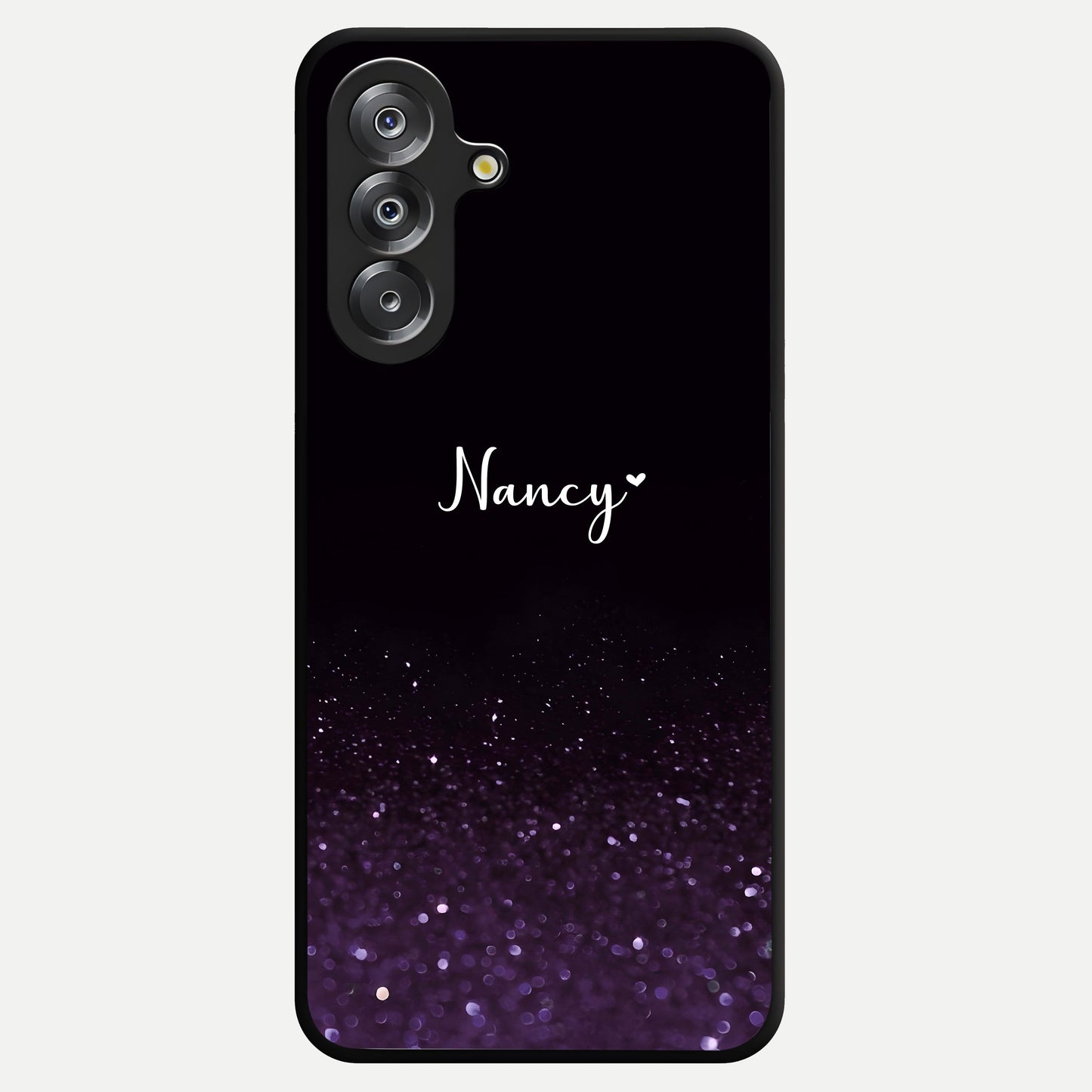 Glittery Purple Bokeh Custom Name Glass Case showing flat back view with purple bokeh sparkle artwork and personalized name design.