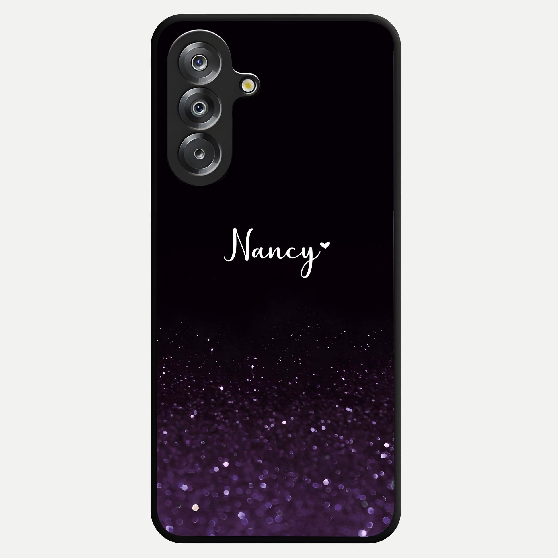 Glittery Purple Bokeh Custom Name Glass Case showing flat back view with purple bokeh sparkle artwork and personalized name design.