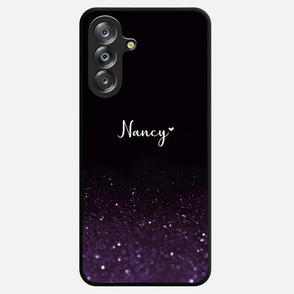 Glittery Purple Bokeh Custom Name Glass Case showing flat back view with purple bokeh sparkle artwork and personalized name design.