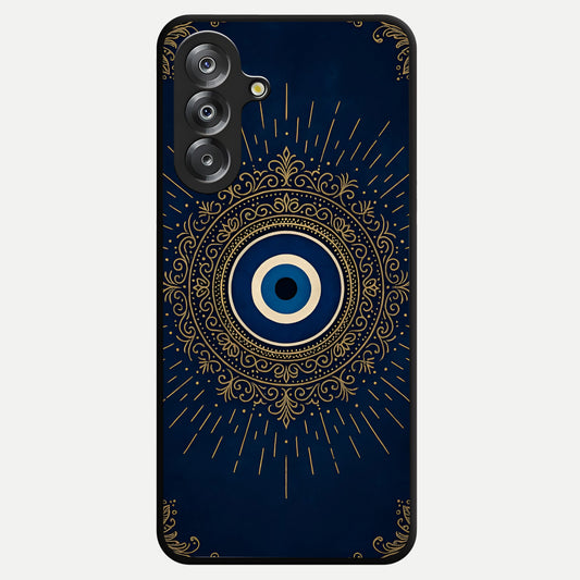 Golden Evil Eye Mandala Glass Case showing flat back view with intricate evil eye mandala artwork and glossy glass finish.