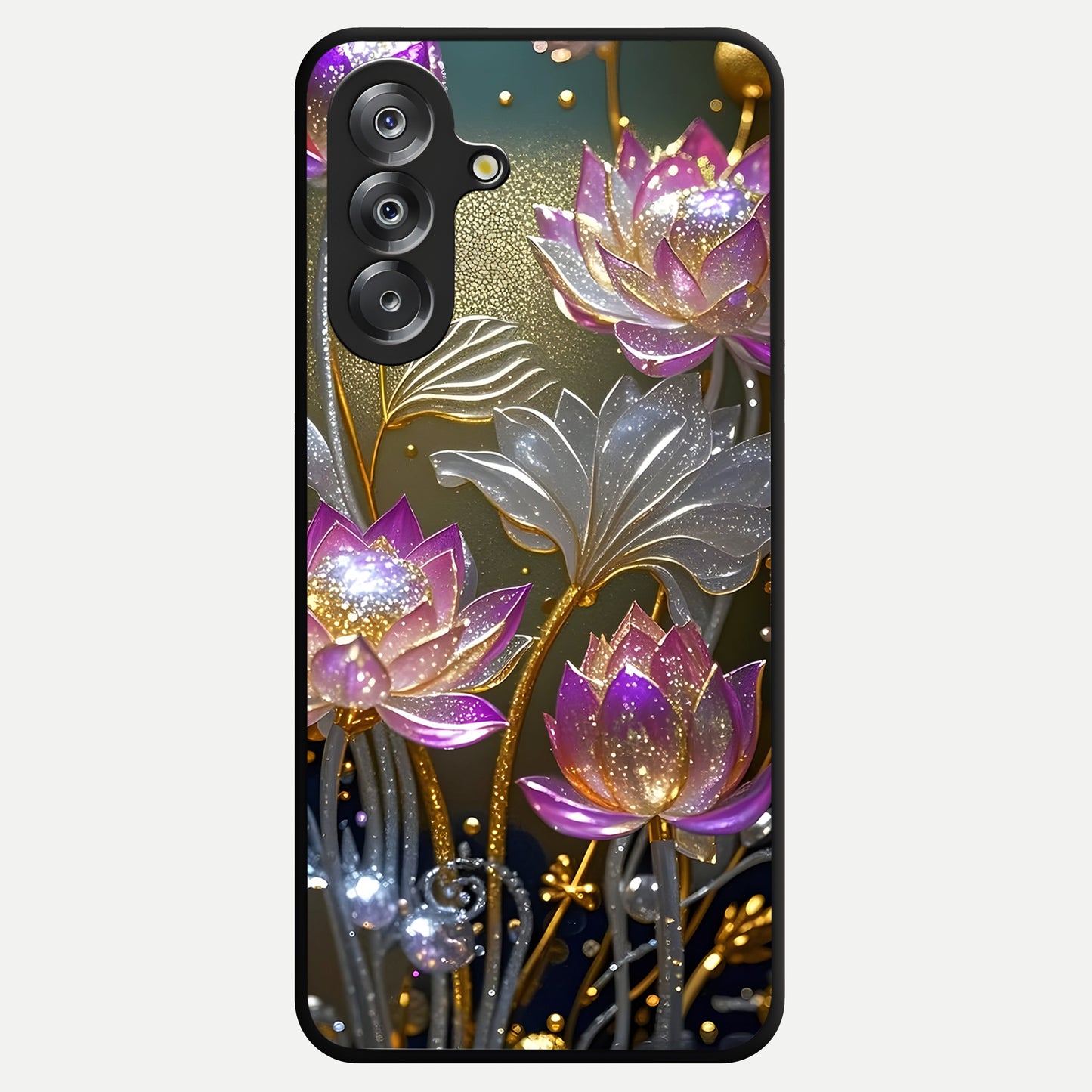 Golden Lotus Glow Glass Case showing flat back view with glowing lotus flower artwork and glossy glass finish.