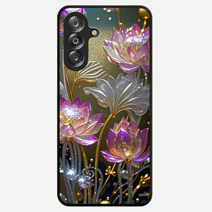 Golden Lotus Glow Glass Case showing flat back view with glowing lotus flower artwork and glossy glass finish.