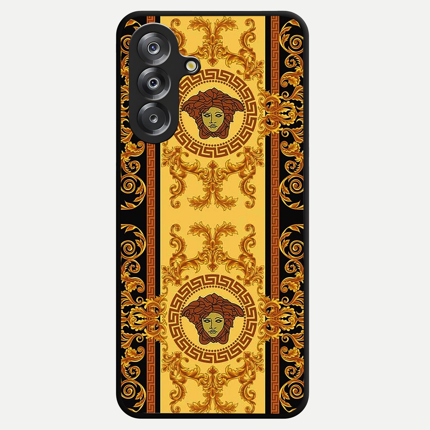 Golden Royal Heritage Glass Case showing flat back view with ornate royal pattern artwork and glossy glass finish.