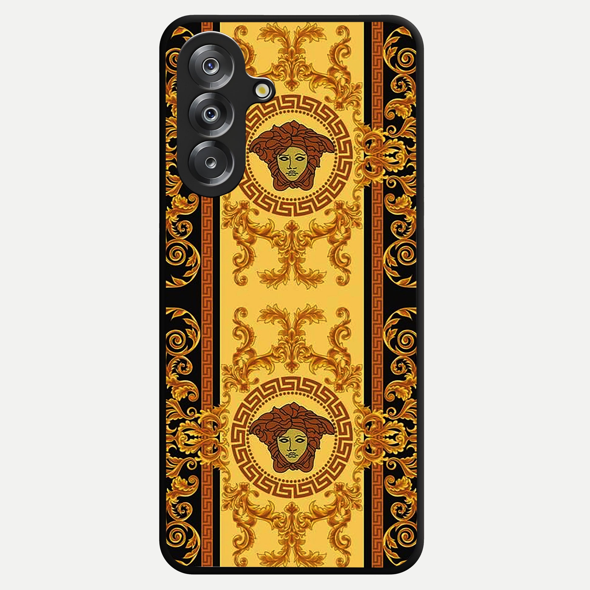 Golden Royal Heritage Glass Case showing flat back view with ornate royal pattern artwork and glossy glass finish.