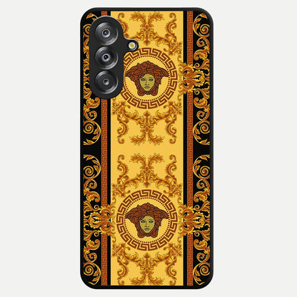 Golden Royal Heritage Glass Case showing flat back view with ornate royal pattern artwork and glossy glass finish.