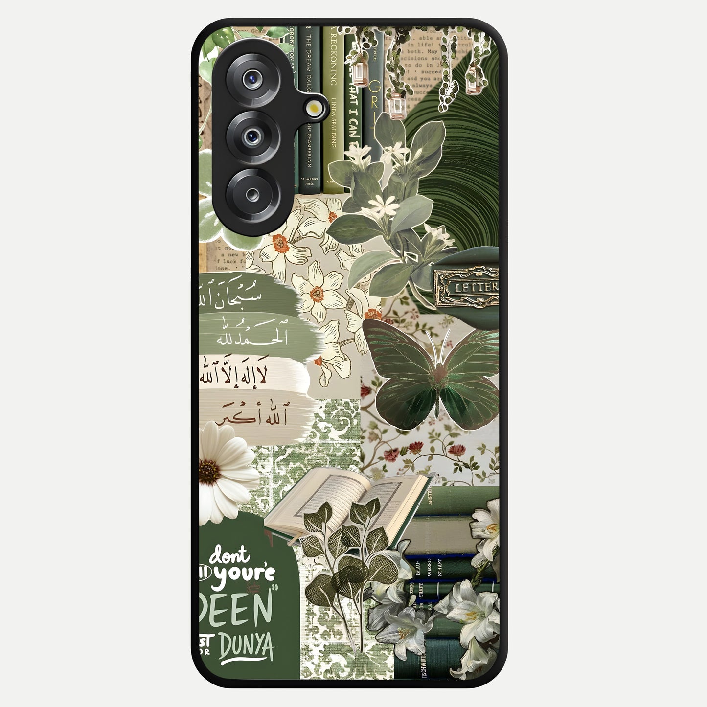 Green Islamic Books Quotes Glass Case showing flat back view with Islamic quotes and book themed artwork and glossy glass finish.